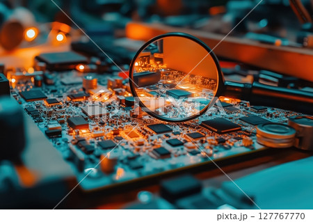 Close-up of a detailed microchip under a magnifying glass 127767770