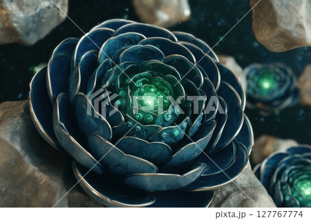 Mechanical flower with silver petals and glowing green circuits 127767774