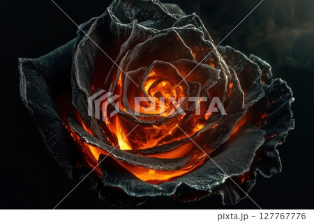 black rose with glowing, fiery orange light radiating from within each petal. 127767776