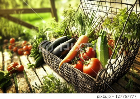 Wicker basket filled with fresh vegetables like tomatoes, carrots, and zucchini, Wicker basket filled with fresh vegetables like tomatoes, carrots, and zucchini, 127767777