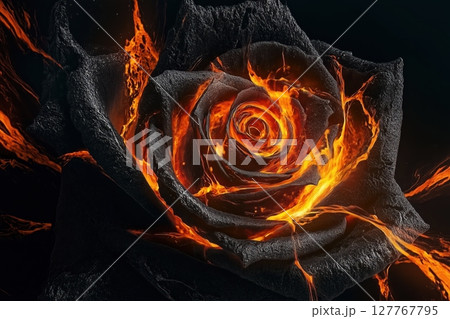 black rose with glowing, fiery orange light radiating from within each petal. 127767795