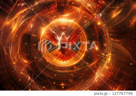 Fiery phoenix rising from a swirl of digital particles in red and orange, glowing embers 127767799