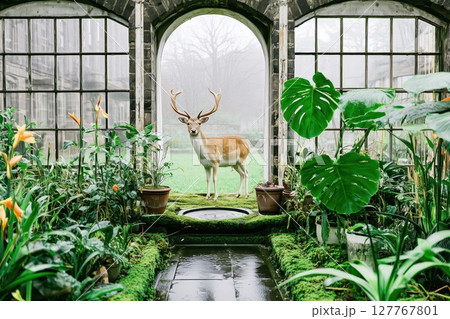 Deer. lead-covered windows. Overgrown with moss and vines. 127767801