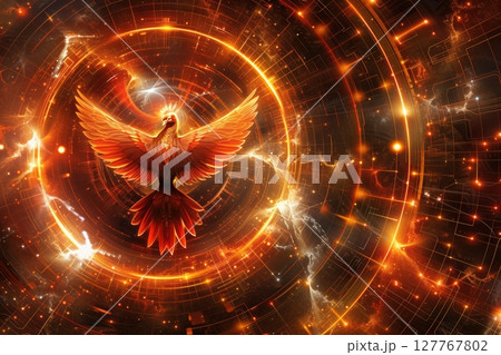 Fiery phoenix rising from a swirl of digital particles in red and orange, glowing embers Fiery phoenix rising from a swirl of digital particles in red and orange, glowing embers 127767802