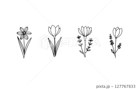 Minimal Botanical Group. A hand-drawn floral group of tulip-like shapes with varied silhouettes and simple stems, perfect for elegant compositions and branding. Minimal Botanical Group. A hand-drawn floral group of tulip-like shapes with varied silhouettes and simple stems, perfect for elegant compositions and branding. 127767833