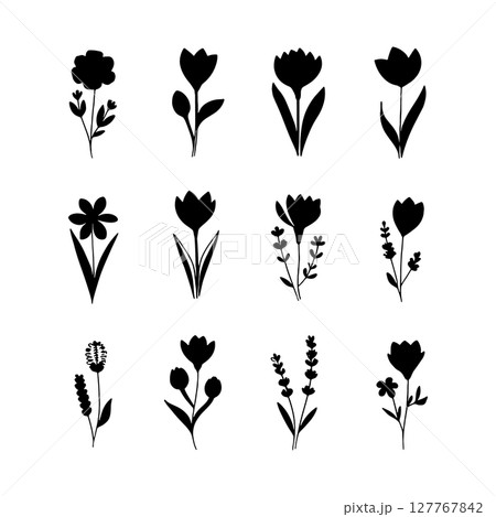 Bold Wild Bloom Grid. A powerful square layout of filled wildflowers with sharp silhouettes, designed for modern prints and branding assets. 127767842