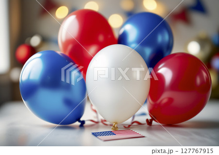 Patriotic party decor with red, white, and blue balloons and an American flag.. AI generated 127767915