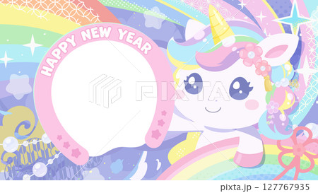 写真が入れられるかわいいユニコーンの午年用の年賀状_16:9 127767935