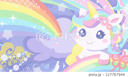 かわいいユニコーンの午年用の年賀状の背景イラスト_16:9 127767949
