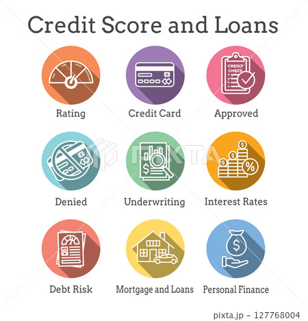 Credit Score and Loans Icon Set with Approved Credit Underwriting Interest Rates Debt Mortgage Refinance Credit Score and Loans Icon Set with Approved Credit Underwriting Interest Rates Debt Mortgage Refinance 127768004