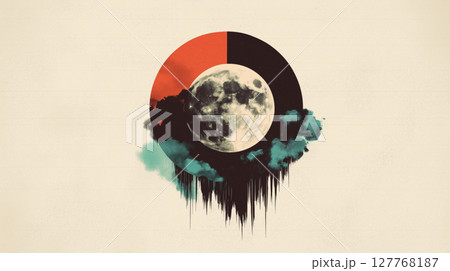Surreal moon art with geometric circle and dripping clouds 127768187