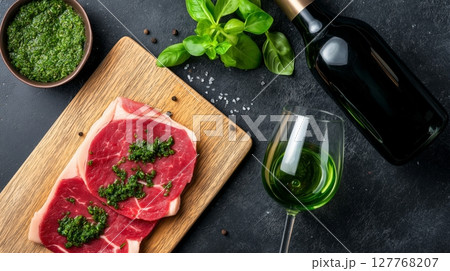 Fresh carpaccio with chimichurri, basil, wine, and sauce on black slate surface Fresh carpaccio with chimichurri, basil, wine, and sauce on black slate surface 127768207