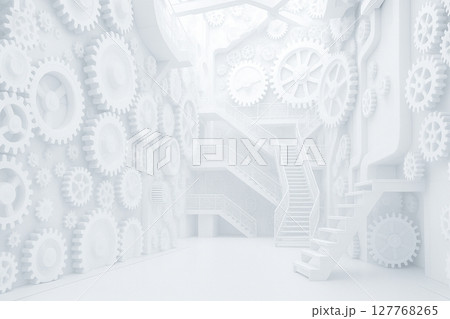 白い部屋に沢山の歯車と階段がある 白い部屋に沢山の歯車と階段がある 127768265