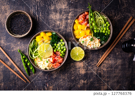 Healthy bowl with salmon and vegetables Healthy bowl with salmon and vegetables 127768376