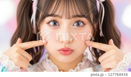 ほっぺをぷにっと指差す可愛い女の子（AI生成画像） 127768438