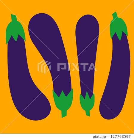 Eggplant set. Aubergine, fresh healthy natural farm vegetable. Raw organic vitamin food, nutrition, ingredient. Colored flat graphic vector illustration isolated on white background 127768597