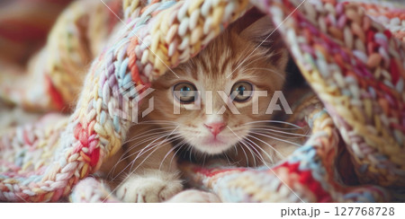 A little red kitten peeks out from under a beige pink knitted blanket 127768728