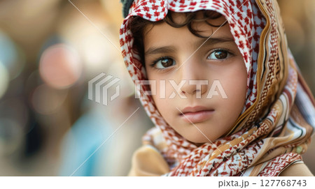 Saudi National Day, portrait of a young Saudi boy in a traditional taub and kufiya outfit Saudi National Day, portrait of a young Saudi boy in a traditional taub and kufiya outfit 127768743