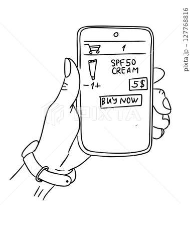 Hand holding smartphone with online shopping screen showing SPF cream and buy now button 127768816