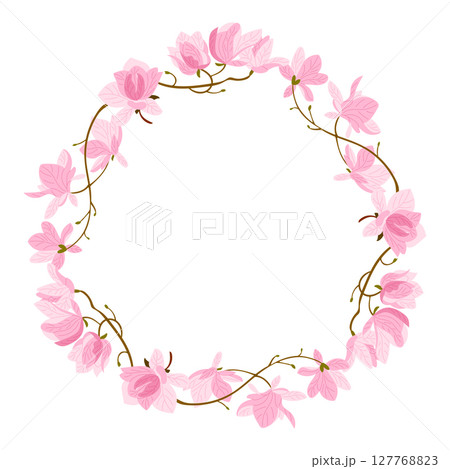 Round floral wreath made of pink magnolia flowers and delicate vines arranged in an elegant oval frame 127768823