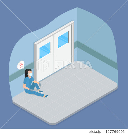 3D Isometric Flat Vector Illustration of Tired Doctor in Stress, Concept Of Doctor Burnout Amidst Hard Conditions of Work 127769003