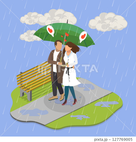 3D Isometric Flat Vector Illustration of Romantic Date, Rainy Weather in Fall Season 127769005