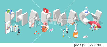 3D Isometric Flat Vector Illustration of Pharmaceutical Business, Characters In Pharmacy Banner For Drug Store Industry. 127769008