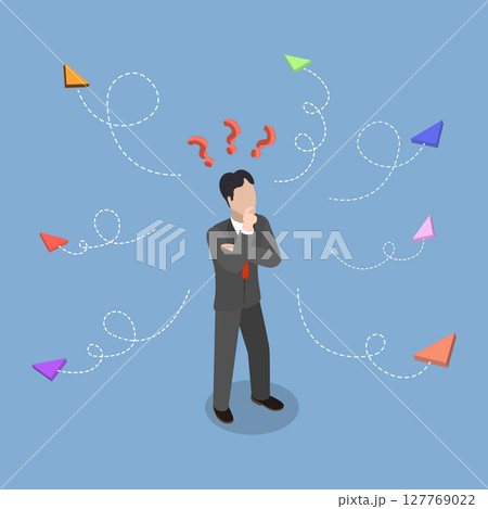 3D Isometric Flat Vector Illustration of Dilemma, Man Lost And Facing Conflicting Directions. 127769022
