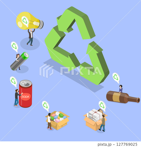 3D Isometric Flat Vector Illustration of Separation And Recycling, The Symbol Of Trash Separation Among Different People Hands 127769025