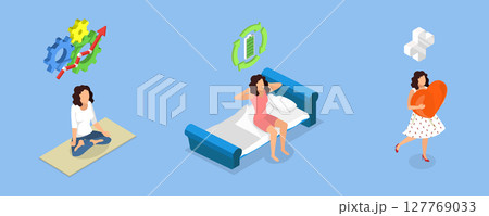 3D Isometric Flat Vector Illustration of Harmony and Relaxation, Benefits And Positive Aspects Of Transcendental Meditation 127769033