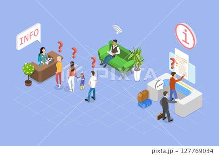 3D Isometric Flat Vector Illustration of Customer Support Desk, Characters Seek Assistance From Information Desk Staff 3D Isometric Flat Vector Illustration of Customer Support Desk, Characters Seek Assistance From Information Desk Staff 127769034
