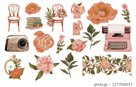 Peony rose radio typewriter telephone books chair bird frame flowers green leaves illustration watercolor isolated sticker set 127769037