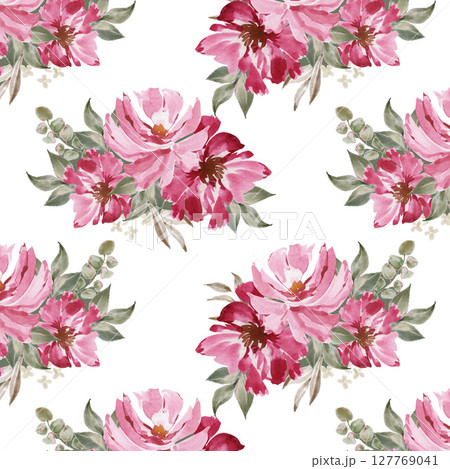 watercolor pattern wildflowers illustration pink with green leaves isolated 127769041