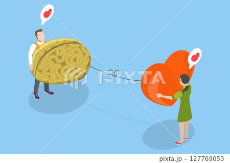 3D Isometric Flat Vector Illustration of Connection of Mind and Heart, Seeking Equilibrium, Holding Heart And Brain In Hands 3D Isometric Flat Vector Illustration of Connection of Mind and Heart, Seeking Equilibrium, Holding Heart And Brain In Hands 127769053