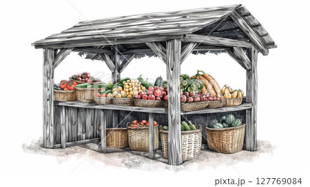 Vintage wooden market stall, baskets full of fruits and veggies, white background, hand-drawn sketch. 127769084