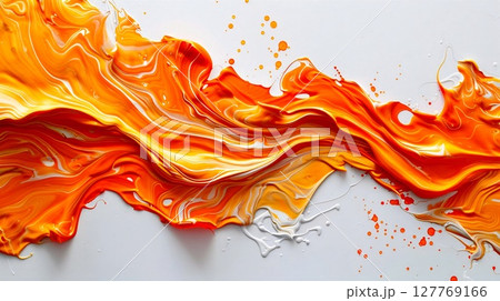 A vivid abstract artwork with warm orange, yellow, and white paint strokes creating a fire- or lava-like effect, enriched with dynamic splashes and flowing motion. Generative AI 127769166