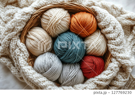Top view. Craft influencer vibe. Warm-toned yarns skeins and knitting needles in a wicker basket on a white background. 127769230