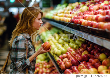 Woman Choosing Fresh Apples in a Grocery Store Produce Aisle. 127769256