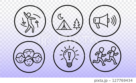 Line icon set school summer camp hiking concept. Outdoor education children teamwork adventure minimal style. Posters stroke transparent grid background vector illustration. 127769434