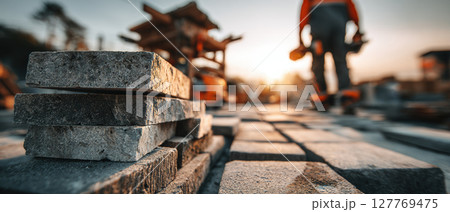 Sunset construction scene with worker and stacked bricks on urban job site with focus on rough textured stone blocks 127769475