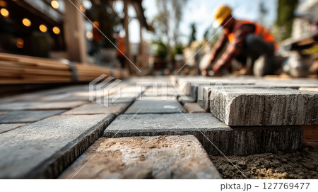 Close-up view of brick layer aligning concrete pavers at construction site with blurred background and worker in safety gear 127769477