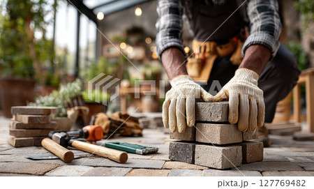 Skilled gardner stacking bricks with precision in greenhouse workshop surrounded by tools and lush indoor plants 127769482