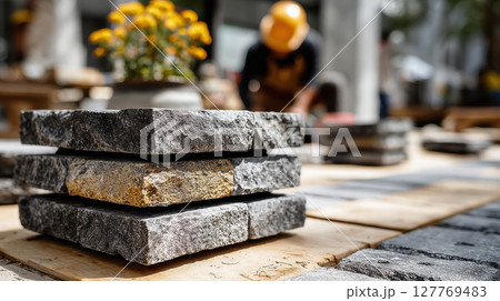 Construction worker arranging stone tiles in outdoor setting with yellow flowers in background 127769483