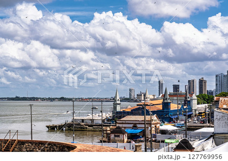 Cityscape of Belem, seen from the historic fort called Forte do Presepio at Belem, Para, Brazil. 127769956