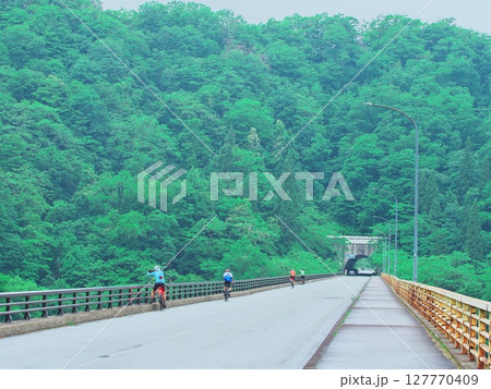 新緑の秋田県秋扇湖　水鏡の水没林が望める新玉川大橋 127770409