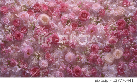 Lush pink floral tapestry in soft light. Neural network AI generated 127770441