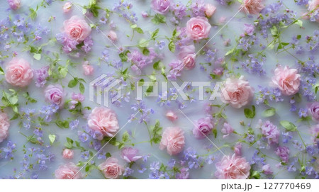 Big collection of different flowers in purple color. Neural network AI generated Big collection of different flowers in purple color. Neural network AI generated 127770469