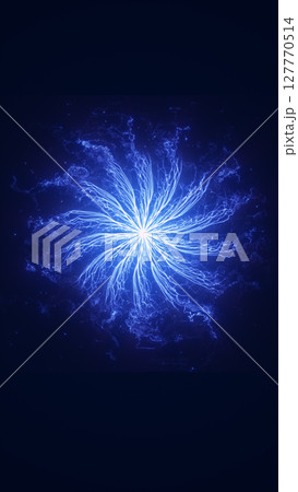 Blue glowing energy burst forming a symmetrical radial explosion with electric tendrils on dark background 127770514