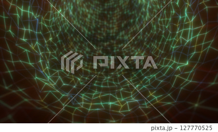 Neon green mesh tunnel flowing into darkness, creating an immersive digital grid pattern 127770525