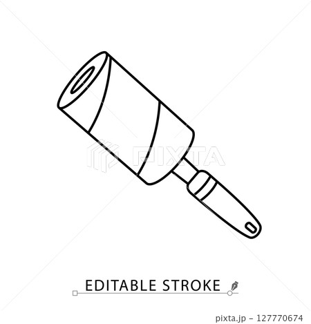 A lint roller icon in minimalist style with editable stroke. Clothing care, wardrobe cleaning tool, fabric brush, household accessory, textile maintenance, outline drawing, vector line illustration. A lint roller icon in minimalist style with editable stroke. Clothing care, wardrobe cleaning tool, fabric brush, household accessory, textile maintenance, outline drawing, vector line illustration. 127770674